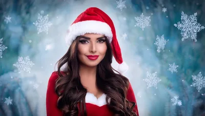 Beautiful Woman Wearing Santa Hat With Snowflakes Background