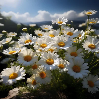 Vibrant White Daisy Flowers Blooming In Sunny Meadow
