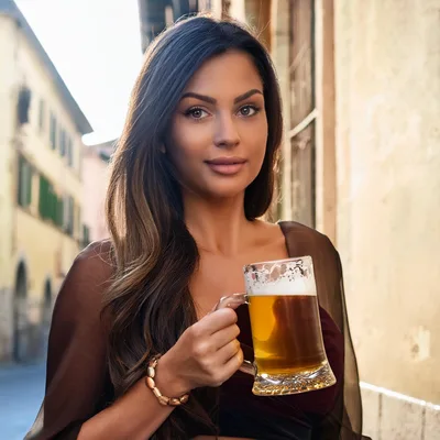 Beautiful Woman Holding A Glass Of Beer Outdoors