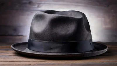 Classic Black Fedora Hat On Wooden Surface