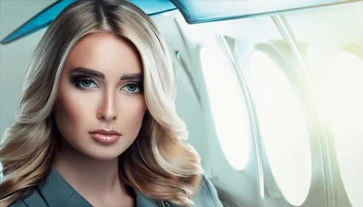 Portrait Of A Beautiful Blonde Woman On An Airplane