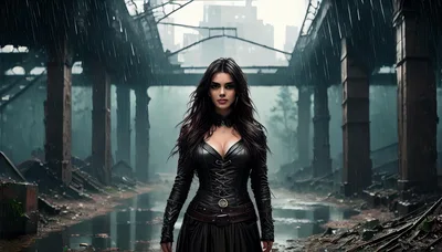 Gothic Woman Standing In A Rain Swept Ruined City