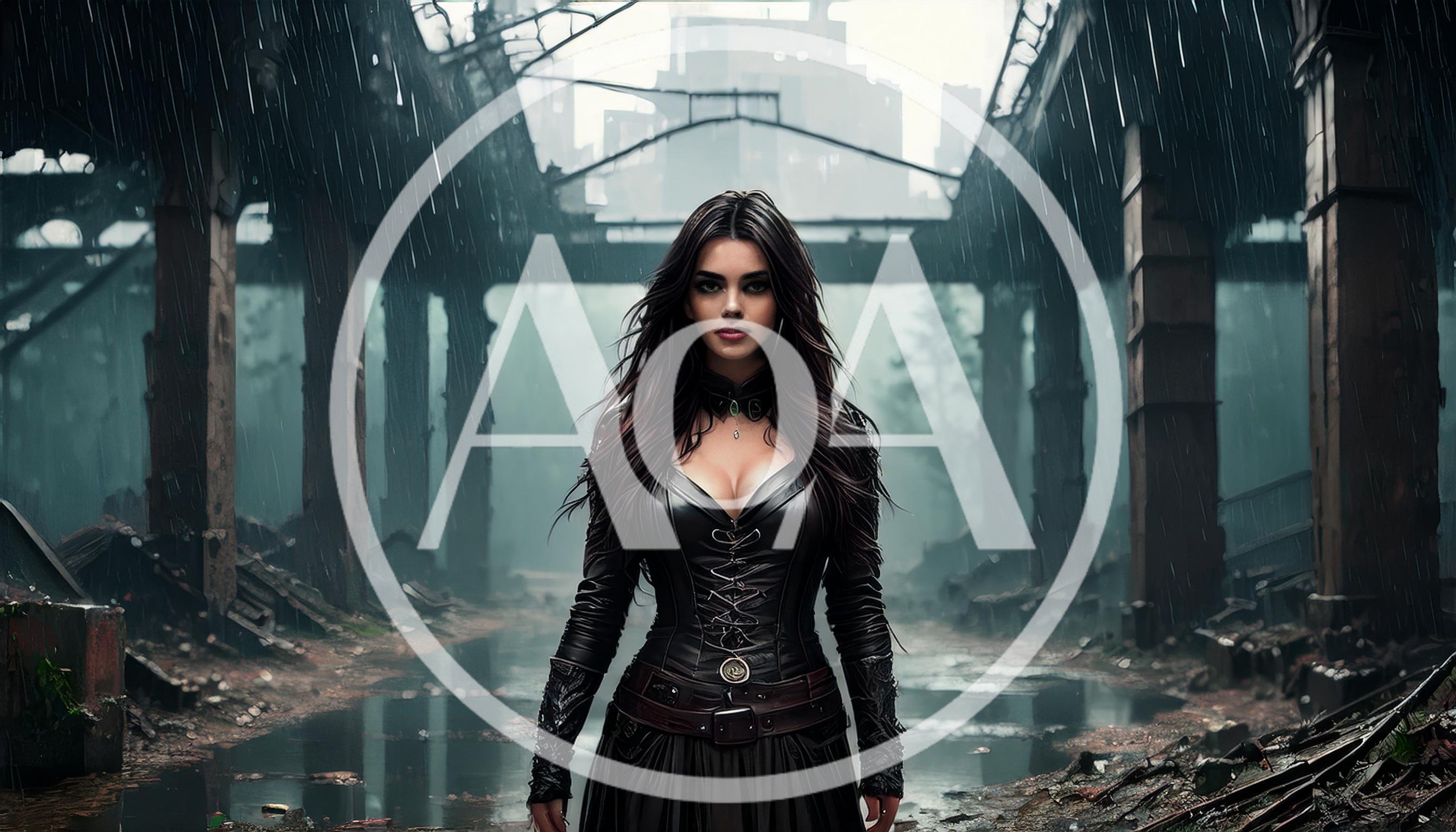 Gothic Woman Standing In A Rain Swept Ruined City