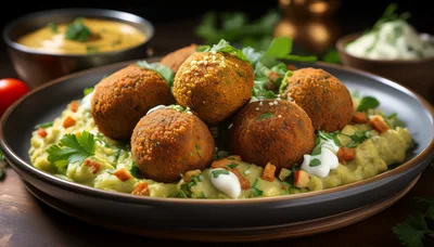 Gourmet Falafel Balls Served On Creamy Hummus