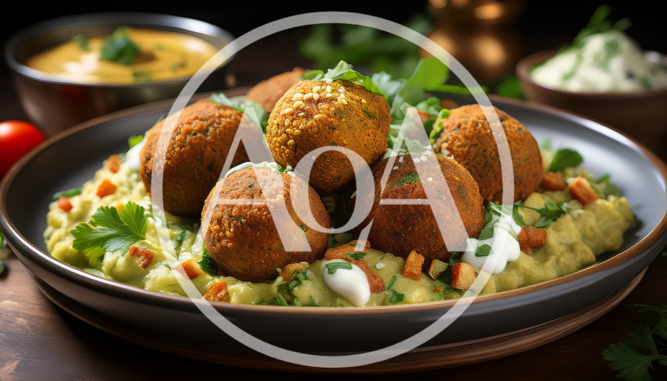 Gourmet Falafel Balls Served On Creamy Hummus