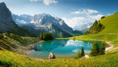 Alpine Lake Surrounded By Lush Green Mountains And Wildflowers