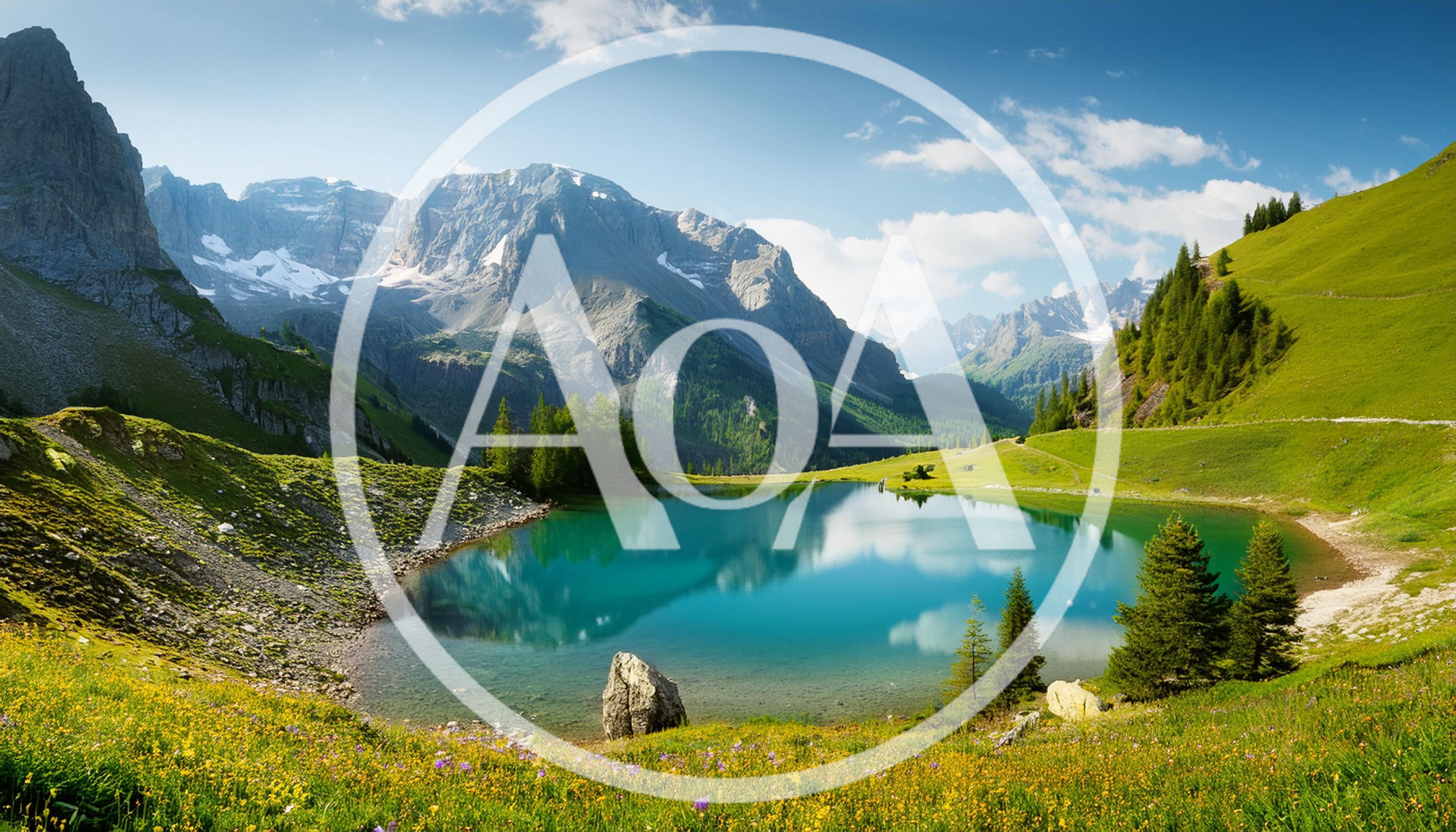 Alpine Lake Surrounded By Lush Green Mountains And Wildflowers