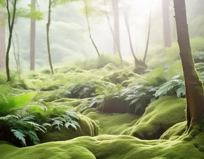 Lush Green Mossy Forest Floor With Ferns
