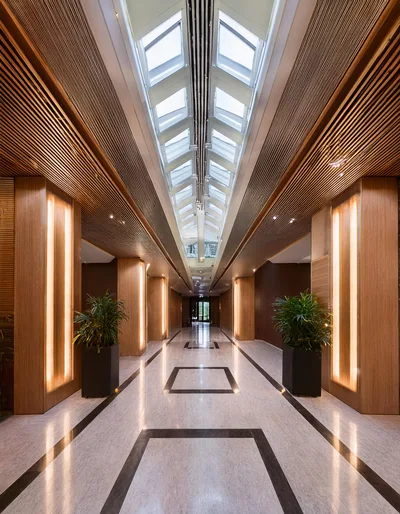 Modern Hallway With Skylight And Wooden Slatted Ceiling