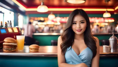 Young Woman Sitting at a Retro Diner Counter
