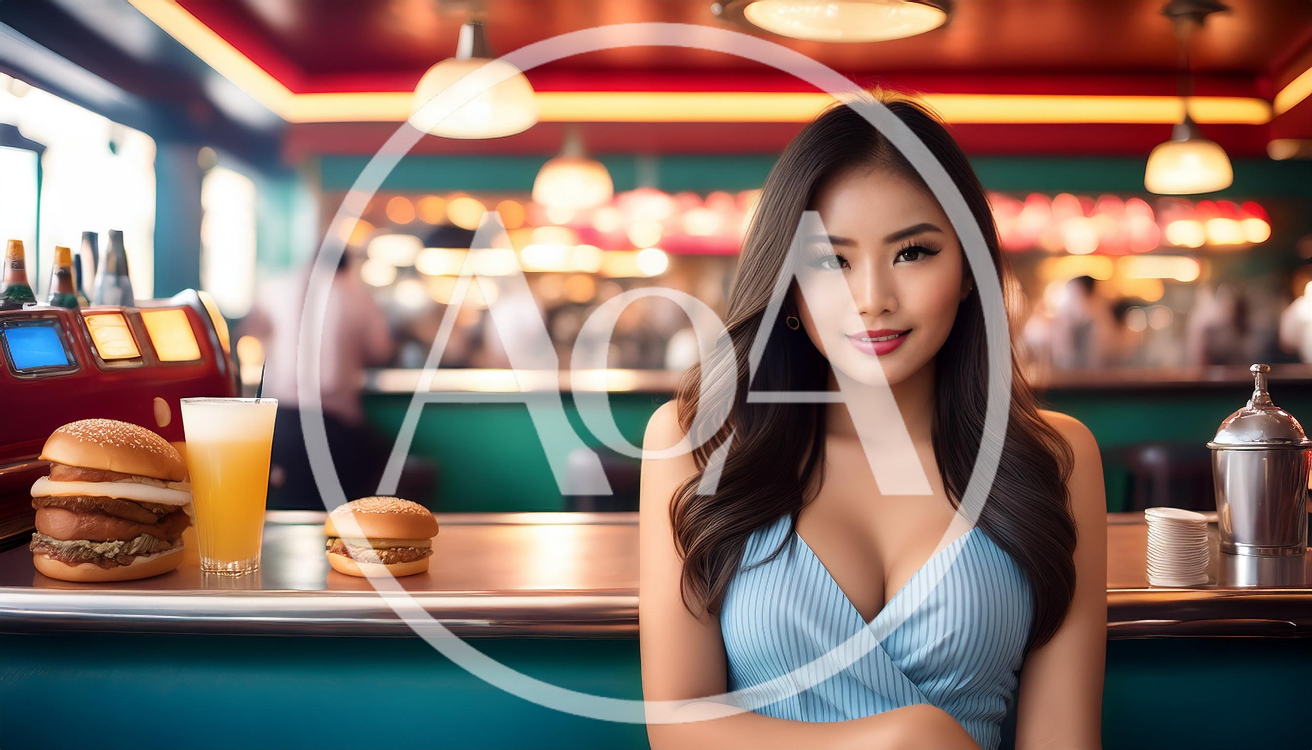 Young Woman Sitting at a Retro Diner Counter