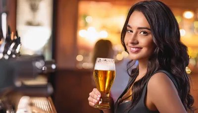 Smiling Woman Holding A Glass Of Beer In A Bar