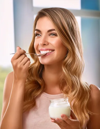 Young Woman Eating Yogurt From A Glass Jar