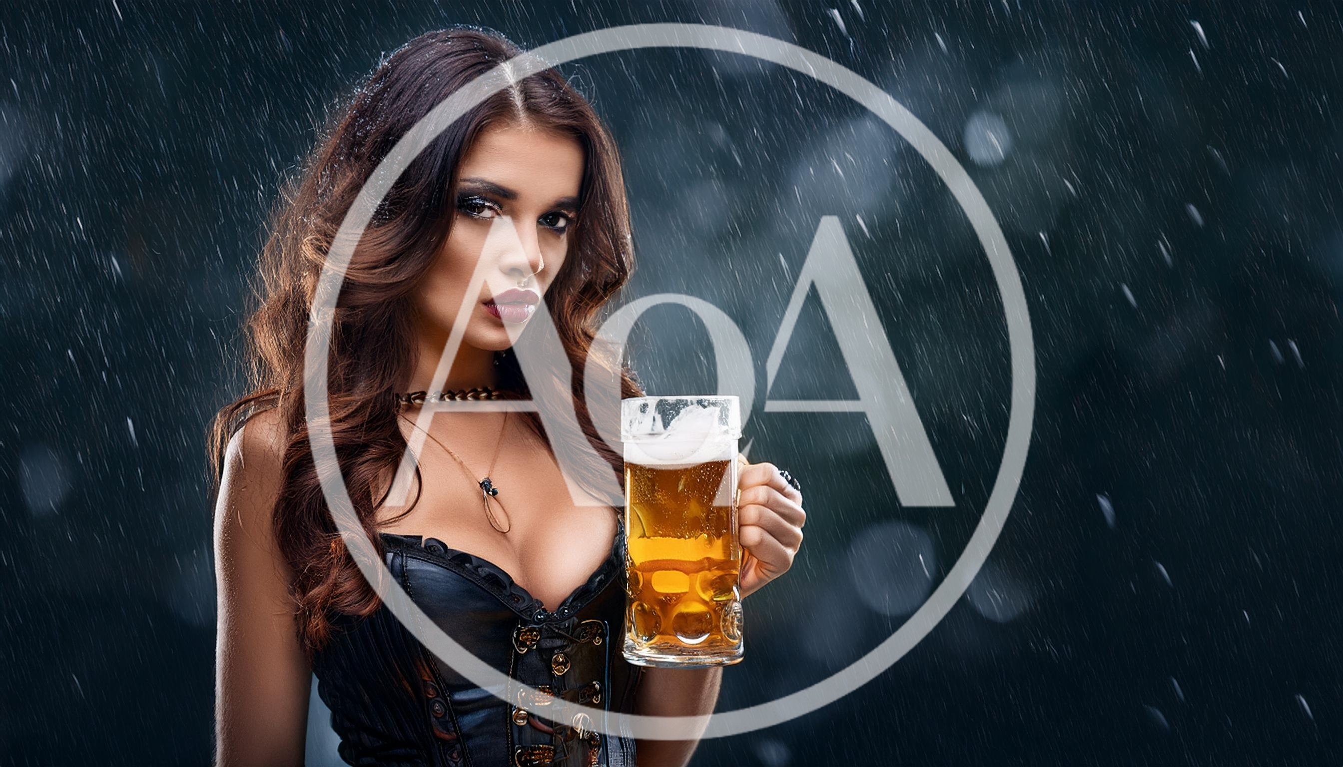 Beautiful Woman Holding A Beer Mug In The Rain