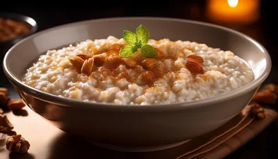 Bowl Of Creamy Rice Pudding With Almonds And Cinnamon