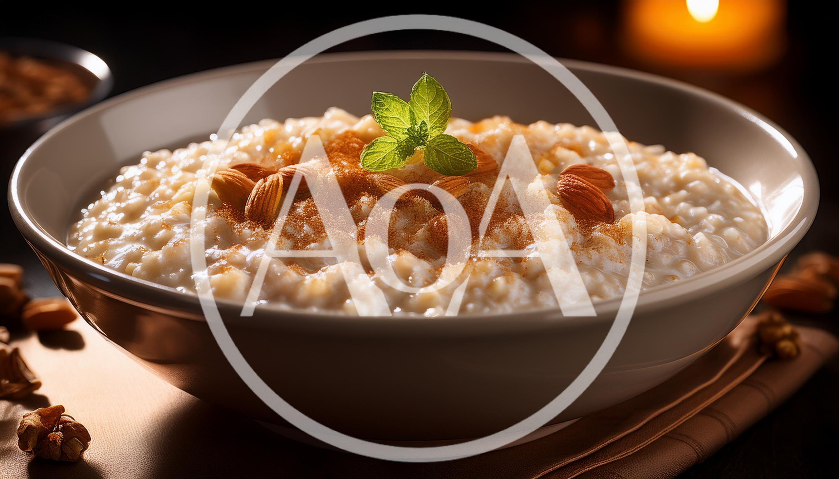 Bowl Of Creamy Rice Pudding With Almonds And Cinnamon