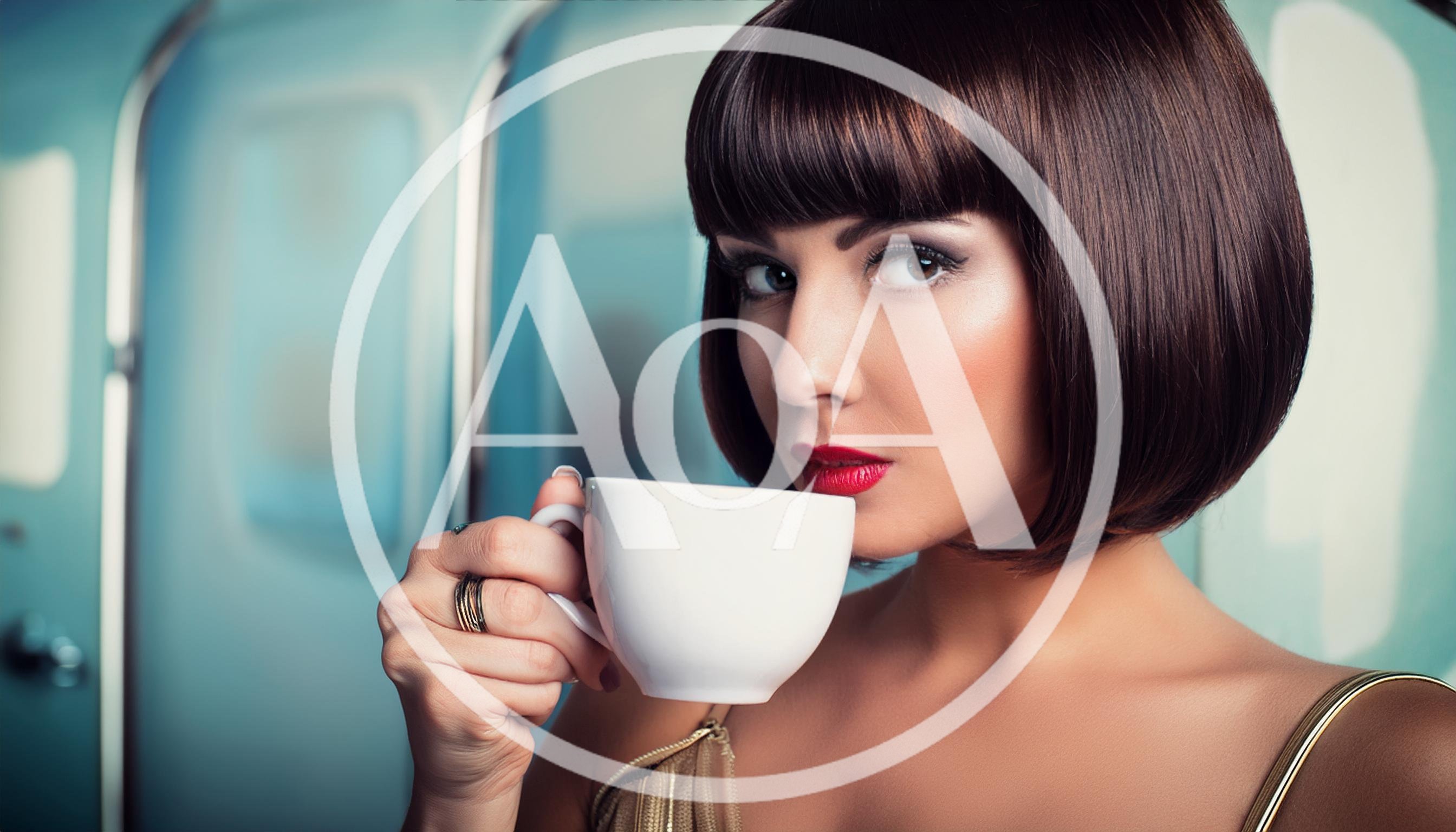 Elegant Woman With Bob Haircut Drinking From White Cup