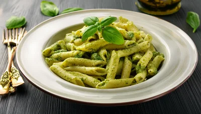 Penne Pasta With Pesto Sauce In A Ceramic Bowl