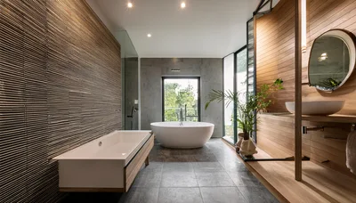 Modern Luxury Bathroom With Freestanding Bathtub And Wood Accents