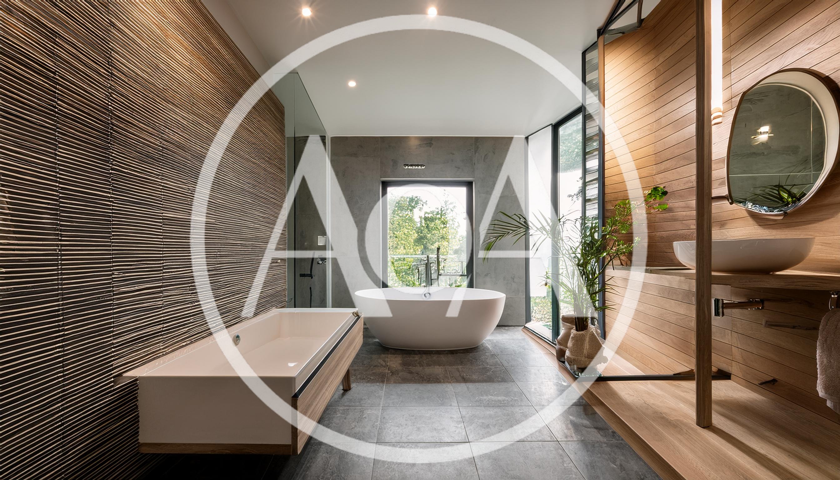 Modern Luxury Bathroom With Freestanding Bathtub And Wood Accents