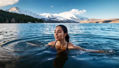 Woman Swimming In A Cold Mountain Lake