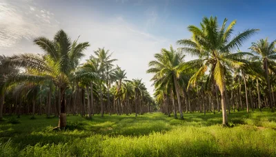 Lush Coconut Palm Plantation Under Bright Blue Sky