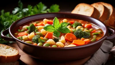 Bowl Of Hearty Vegetable Minestrone Soup With Bread