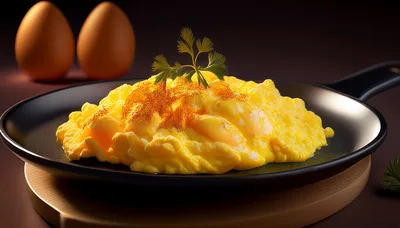 Scrambled Eggs Served In A Black Frying Pan
