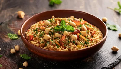 Bowl Of Couscous Salad With Chickpeas And Fresh Herbs
