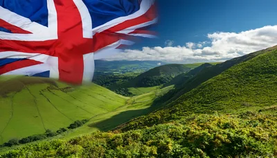 United Kingdom Flag Over Rolling Green Hills Landscape