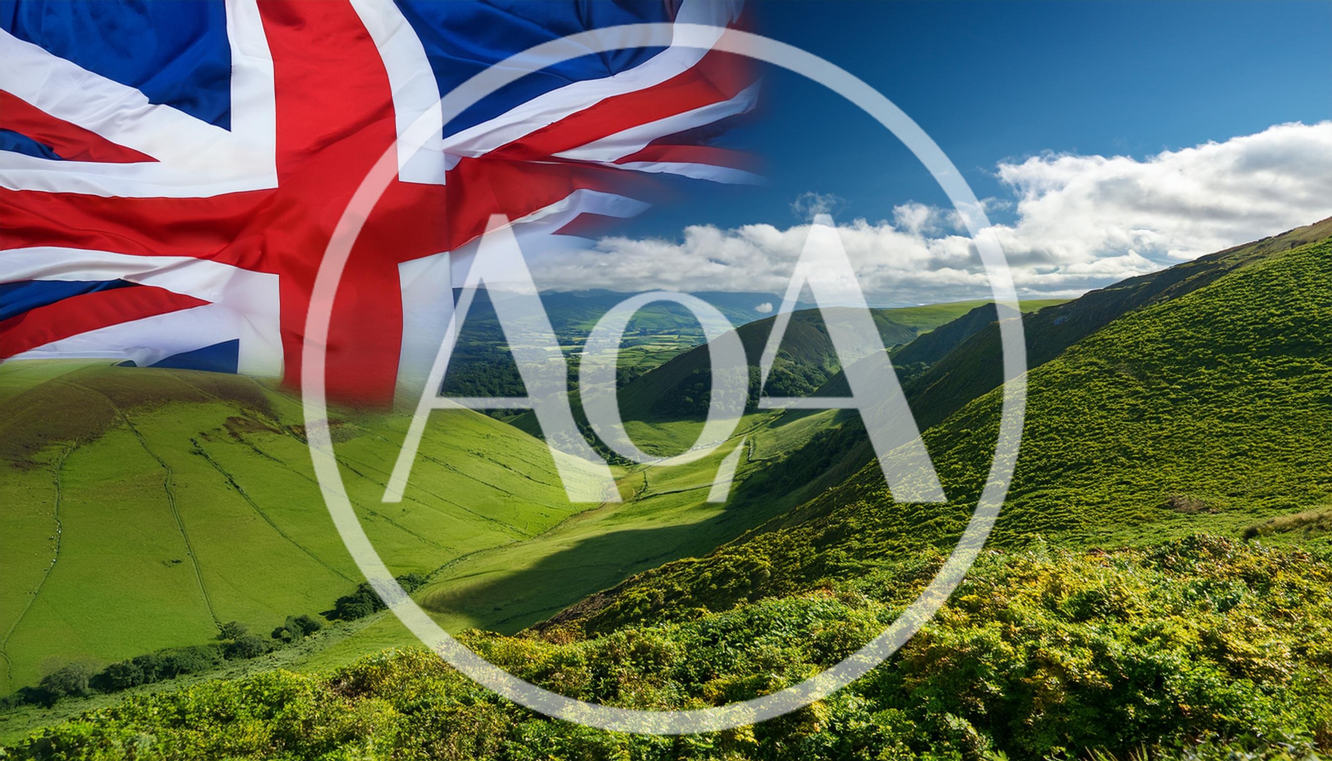 United Kingdom Flag Over Rolling Green Hills Landscape