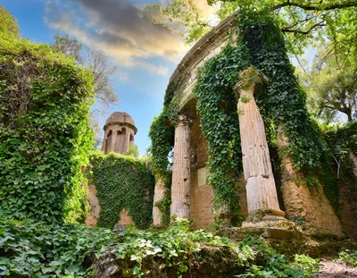 Ancient Roman Ruins Overgrown With Ivy In A Forest