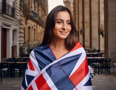 Young Woman Wrapped In A British Flag Outdoors