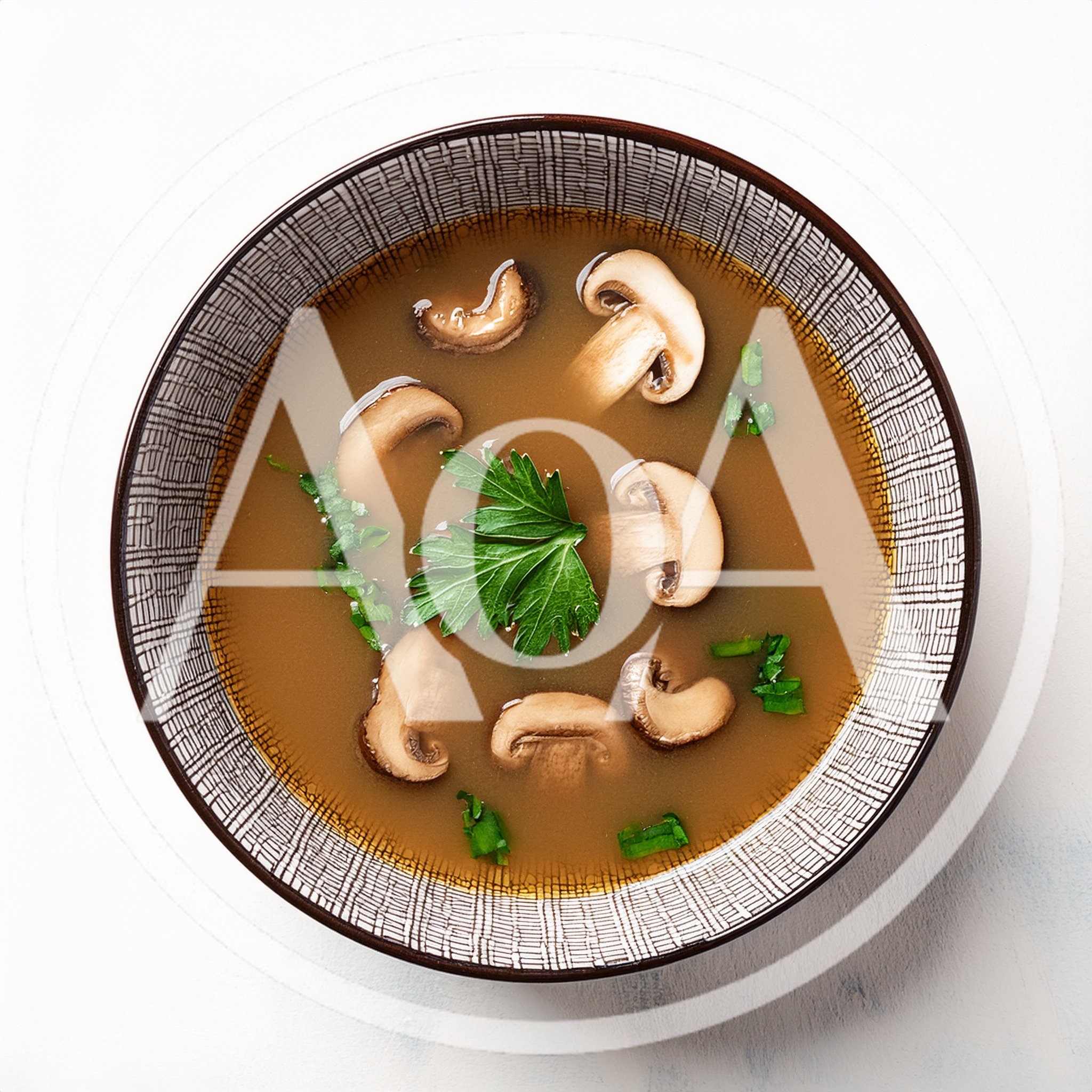 Top View Of Mushroom Soup In A Patterned Bowl