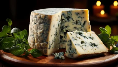Wedge Of Blue Cheese On Wooden Board
