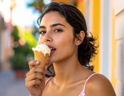 Young Woman Eating Ice Cream Cone Outdoors