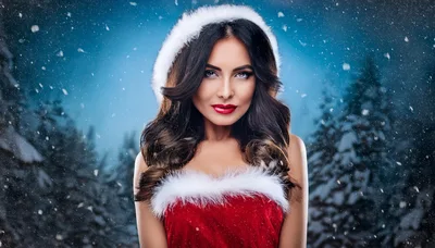 Beautiful Woman Wearing Santa Hat In Snowy Forest