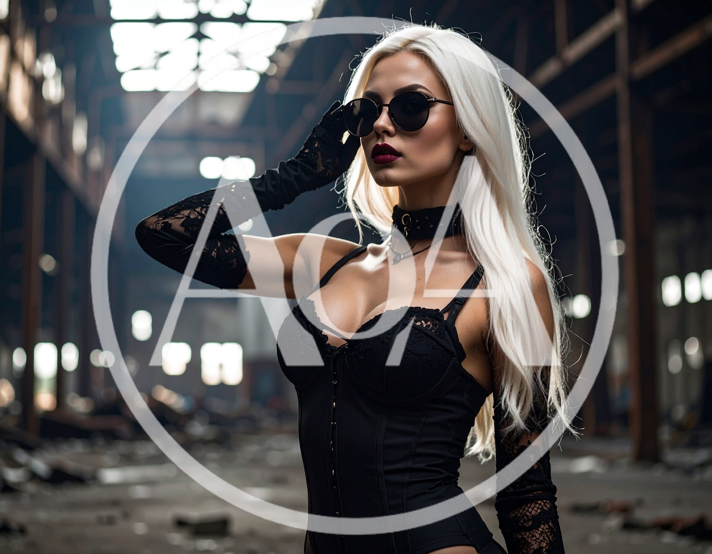 Fashionable Blonde Woman Posing In Abandoned Industrial Warehouse