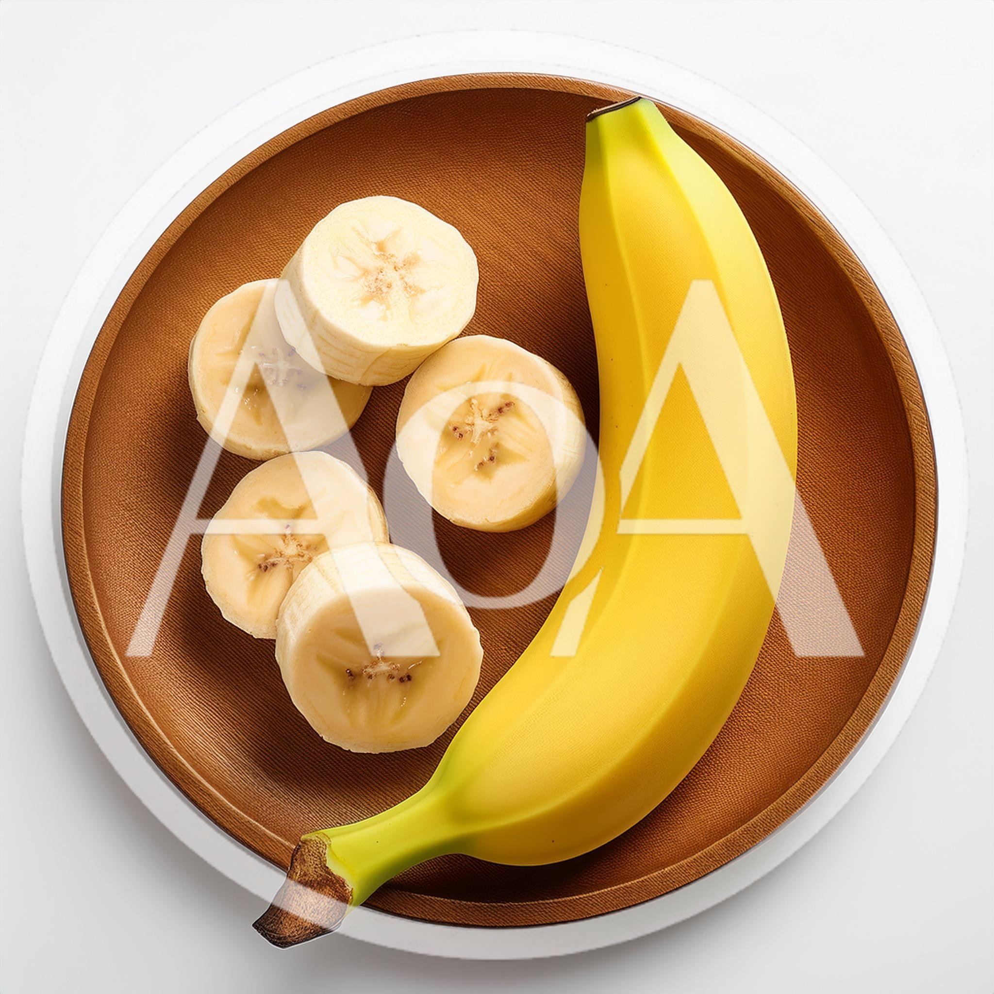 Whole Banana And Sliced Pieces On A Wooden Plate