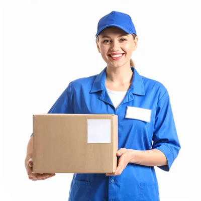 Smiling Delivery Woman Holding Cardboard Box