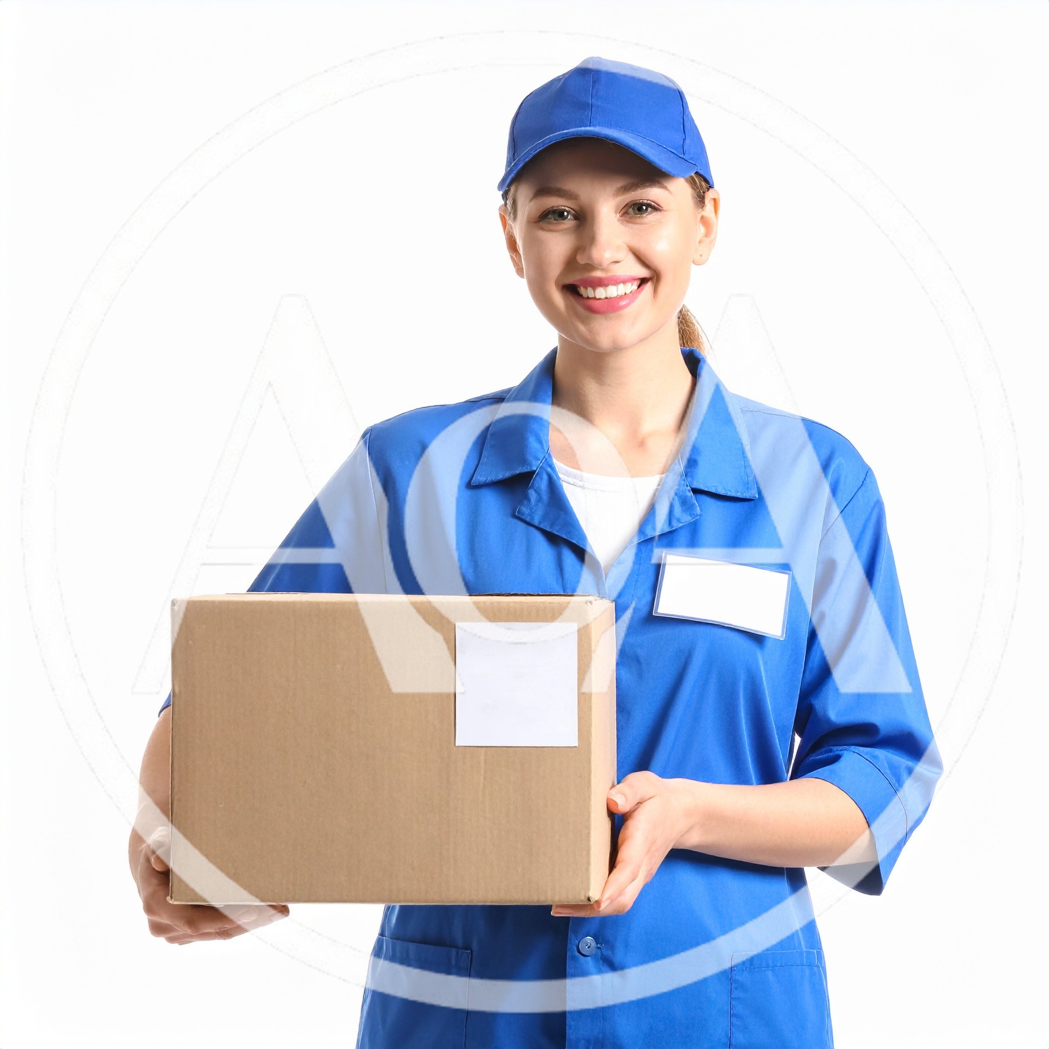 Smiling Delivery Woman Holding Cardboard Box