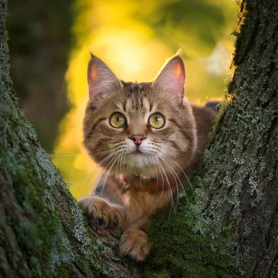 Tabby Cat Perched In A Mossy Tree