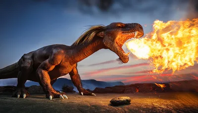 Fire Breathing Dinosaur Creature In Volcanic Landscape
