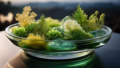 Miniature Terrarium With Succulents And Moss In Glass Bowl