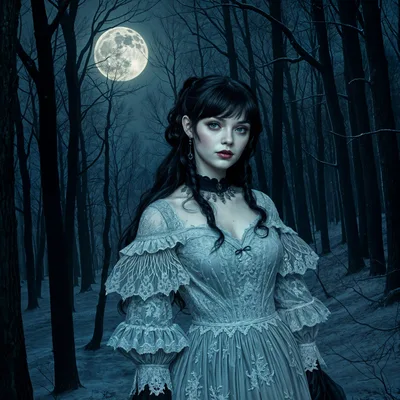 Gothic Woman in Victorian Dress Standing in Dark Forest