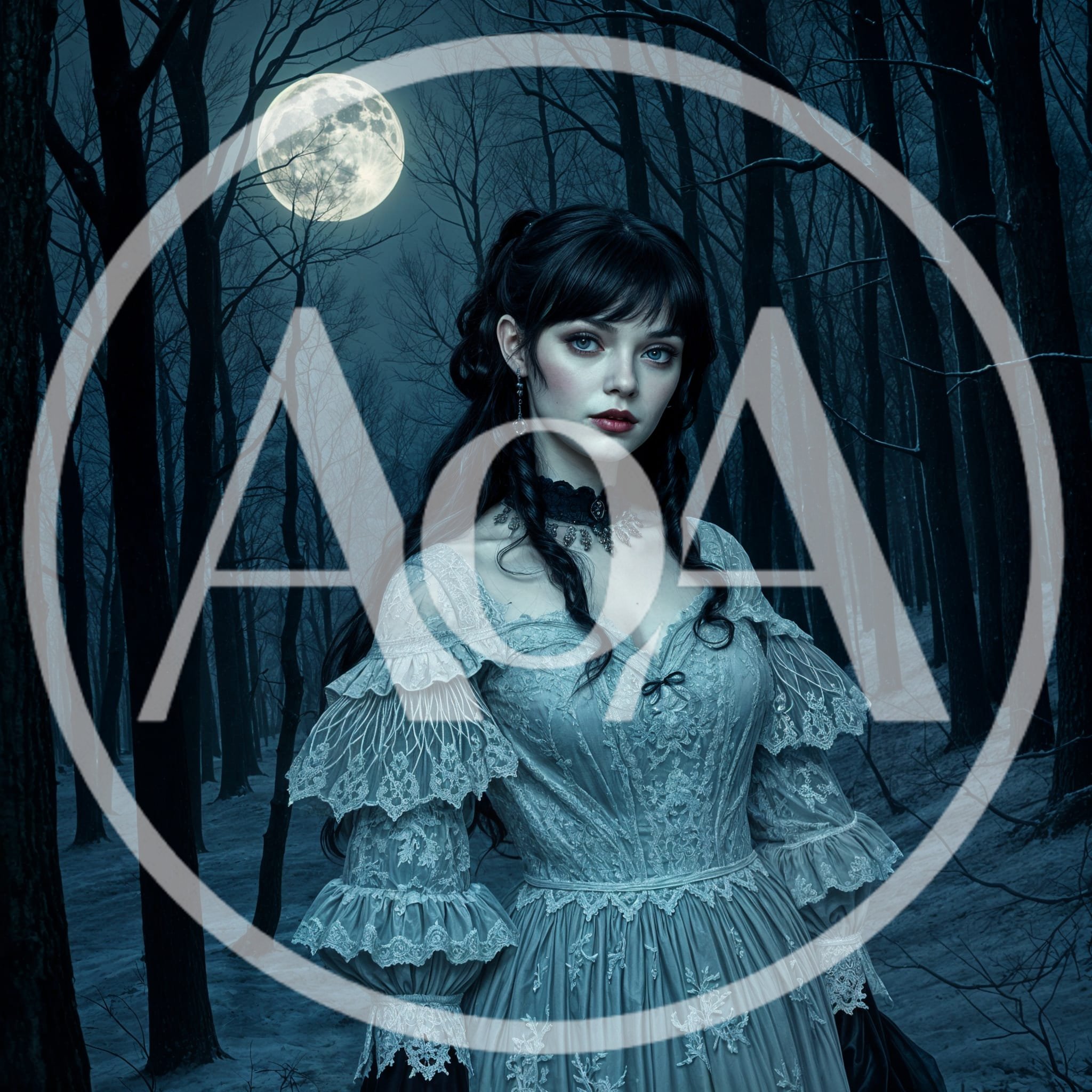 Gothic Woman in Victorian Dress Standing in Dark Forest