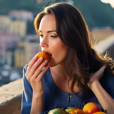 Beautiful Woman Eating A Fresh Orange Outdoors