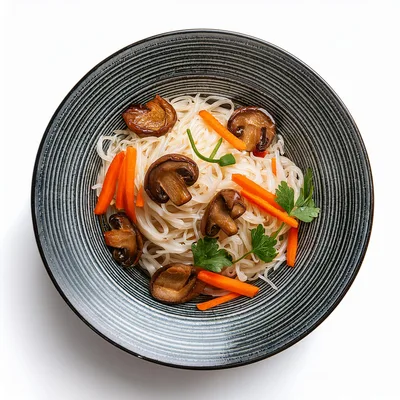 Glass Noodles With Mushrooms And Carrots In A Bowl