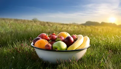 Bowl Of Fresh Fruit In A Grassy Field
