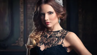 Elegant Woman Wearing A Tiara And Black Lace Dress
